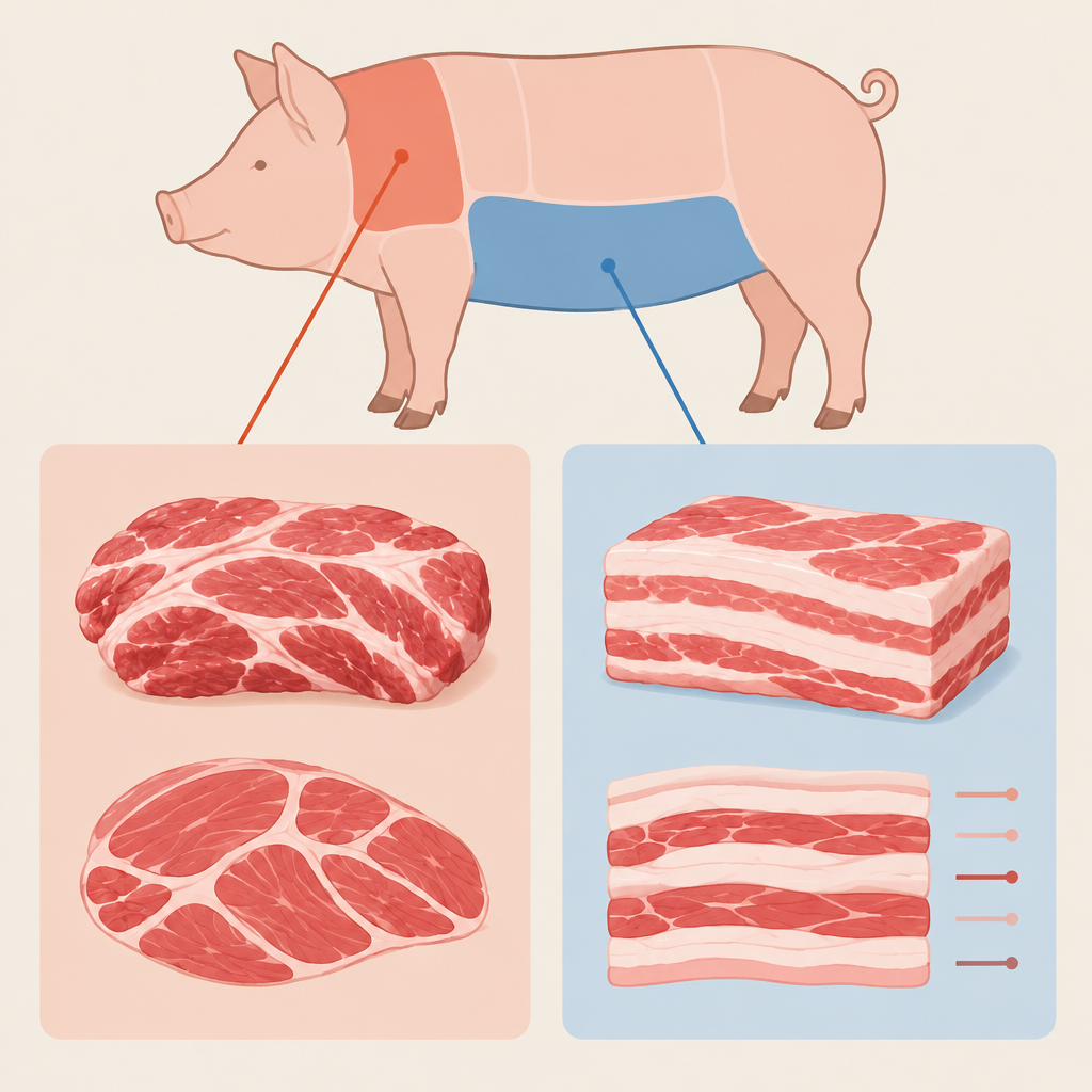 AI 생성 설명 이미지: 안산일동맛집 유니드정육식당 | 흑돼지오겹살과 목살, 부위 구조 비교하기